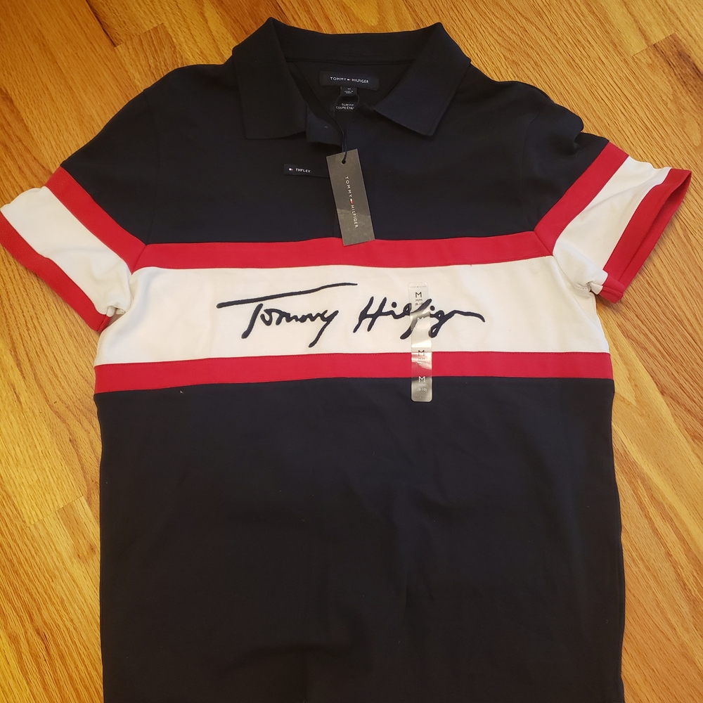 Tommy Hilfiger Red, White and Blue Polo Shirt, Men's Medium